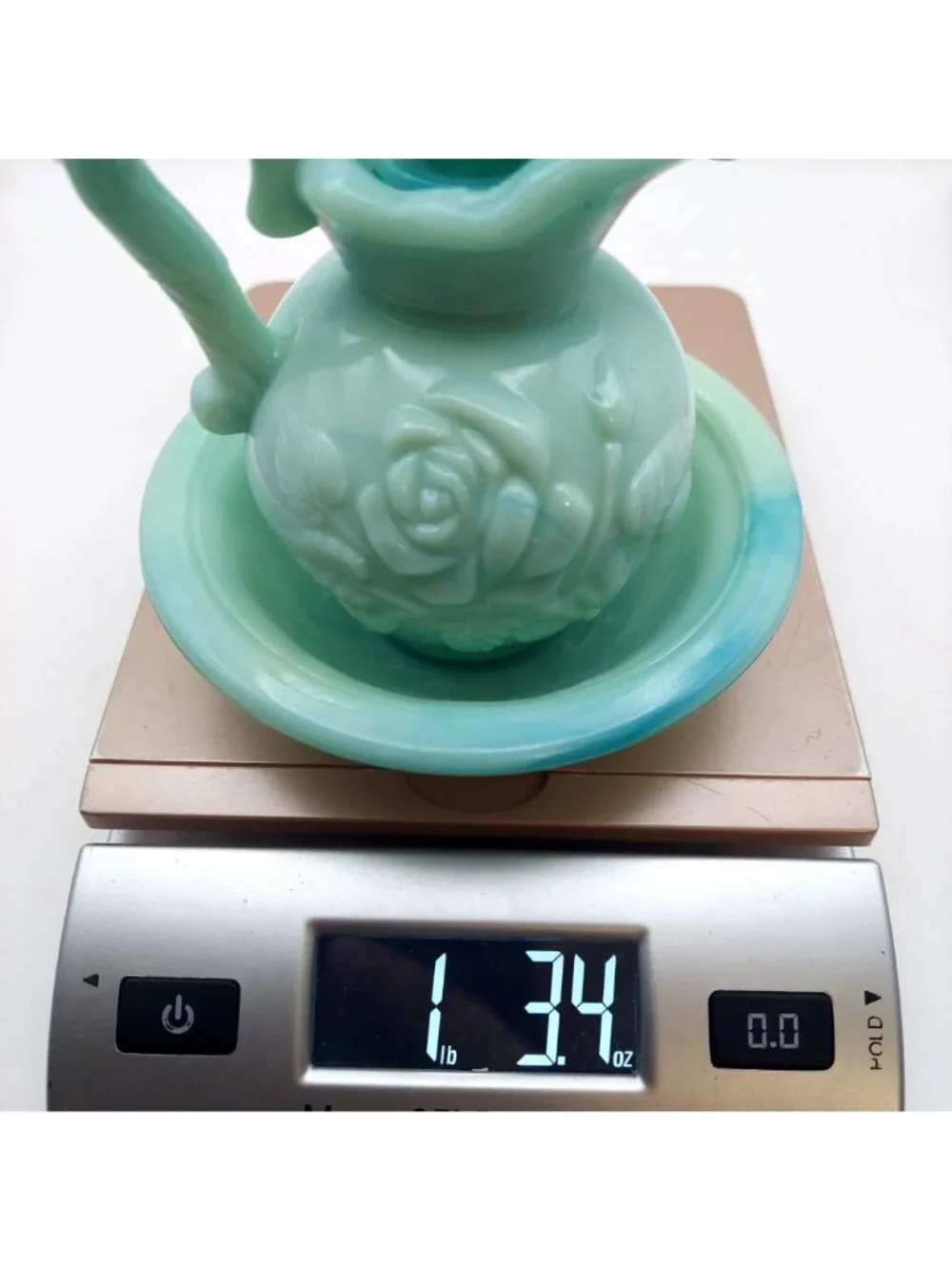 Avon Victoriana Pitcher Bowl Set Miniature Green Slag Glass Vintage Collectible